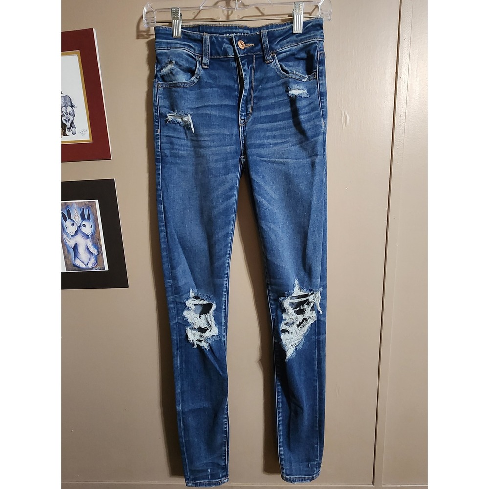 American Eagle Skinny Jeans Distressed Ripped 2 Long Blue